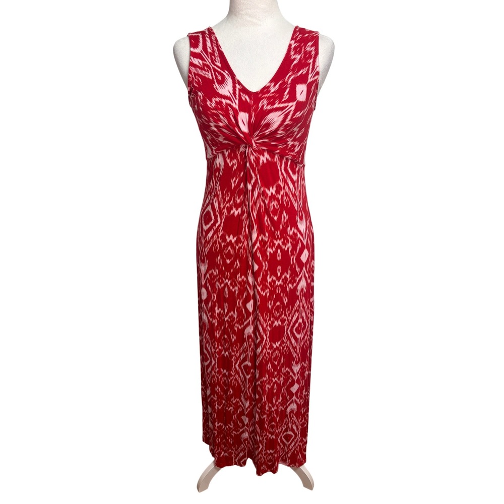 St. John's Bay Maxi Dress Women Petite S Red Ikat Twist Front Boho Aztec Stretch